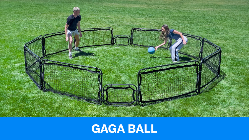 gaga ball pit net built with infinets with text that says, "gaga ball"